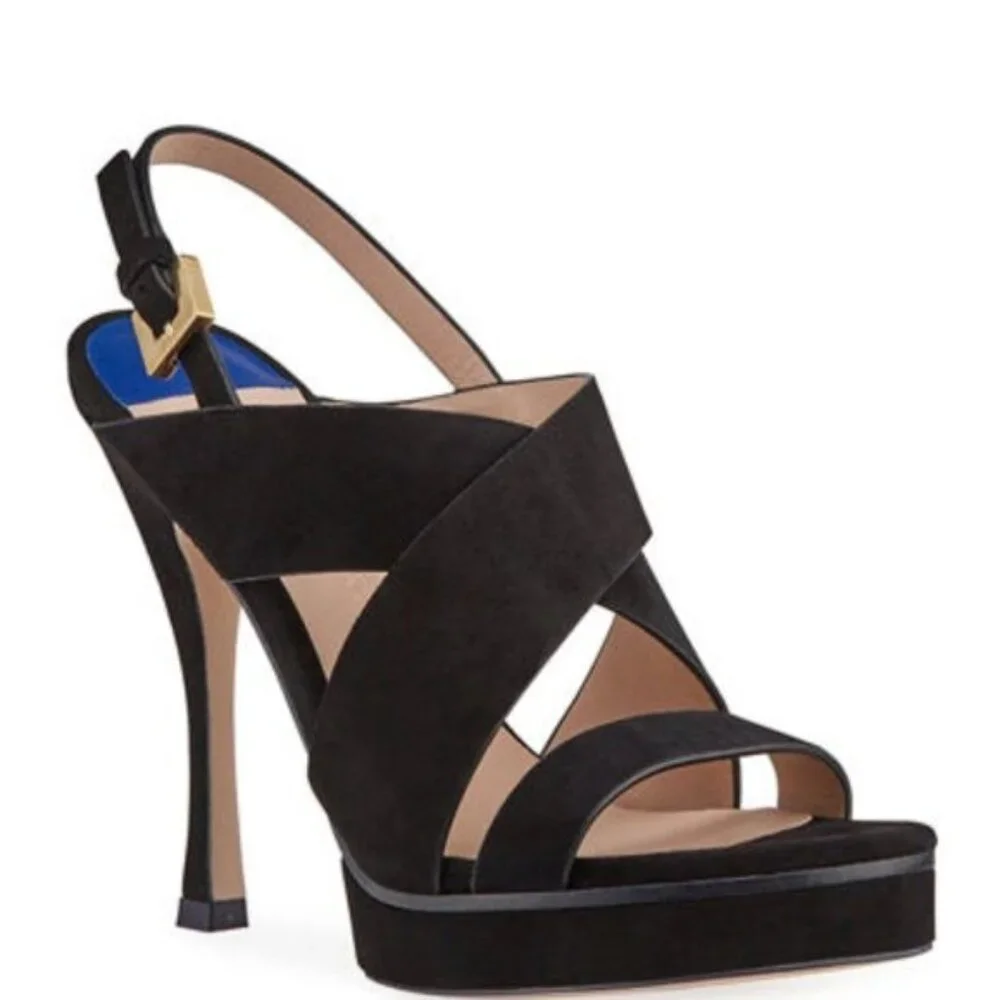 🖤 Stuart Weitzman Hester Strappy Black Suede Platform Stiletto Heels 6.5